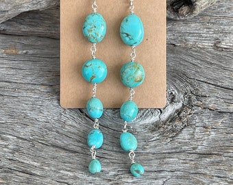 Boho Blue Turquoise Dangle Earrings, Oval Nugget Beaded Earrings, Kingman Turquoise Earrings, Statement Lightweight Earrings, Southwestern