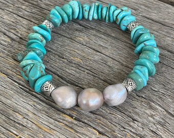 Turquoise and Pearl Stretch Bracelet, Mexican Turquoise Rondel, Edison Mauve Pearl Bracelet