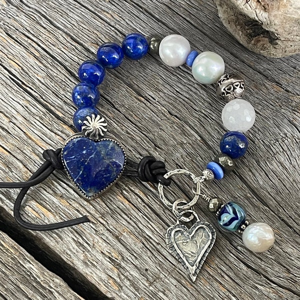 Blue Lapis Lazuli Bracelet, Pearl Bracelet, Button Bracelet, Artisan Button Bracelet, Baroque Pearl Bracelet, Southwestern Bracelet