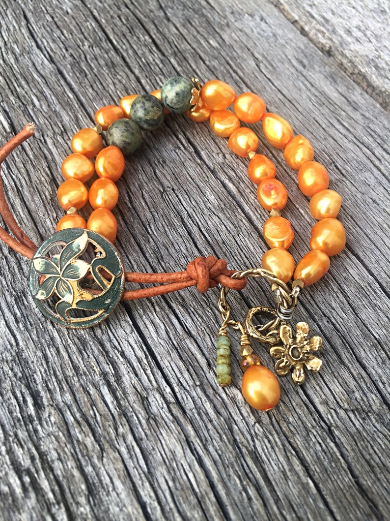 artisan brass flower charm Pearl Bracelet Picasso jasper Vintage Patina Brass Button Golden pearls