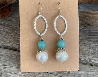 Blue Chalcedony and Pearl Earrings, Dangle Earrings, Hammered Sterling Silver Hoop Earrings