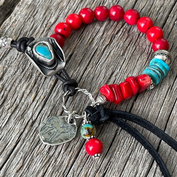 Cowboy Artisan Button Bracelet, Southwestern, Dyed Red Coral bracelet, Boho Western Turquoise bracelet,