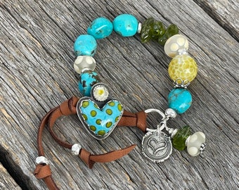 Blue Turquoise Bracelet, Artisan Lamp Work Glass Polka Dot Button, Yellow Agate, Peridot, Sterling Silver Heart Bracelet