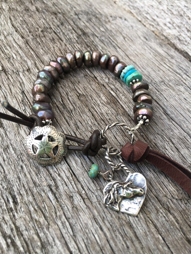 Mexican Turquoise Leather toggle Artisan horse charm Peacock Coffee Pearl Bracelet Artisan Western Star Button