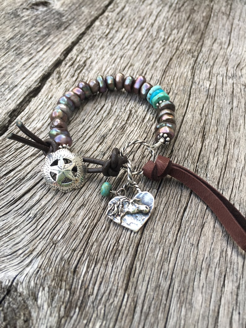 Mexican Turquoise Leather toggle Artisan horse charm Peacock Coffee Pearl Bracelet Artisan Western Star Button