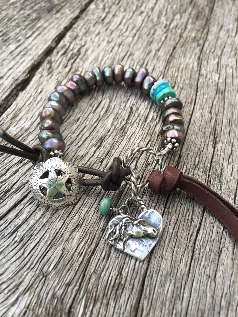 Mexican Turquoise Leather toggle Artisan horse charm Peacock Coffee Pearl Bracelet Artisan Western Star Button