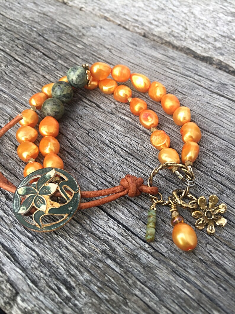 artisan brass flower charm Pearl Bracelet Picasso jasper Vintage Patina Brass Button Golden pearls
