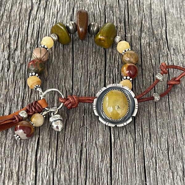 Olive Green Turquoise Button Bracelet: Jasper, Hill Tribe Silver, Acorn Charm