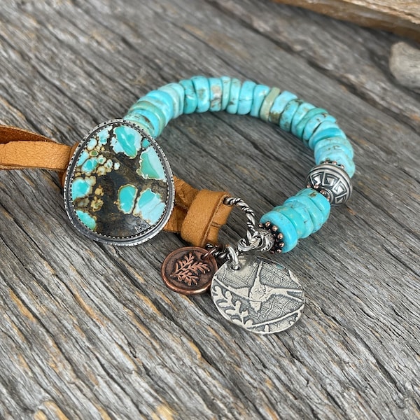 Powder Blue Turquoise Bracelet, Artisan Button Bracelet, Sterling Silver, Copper, Beaded Bracelet