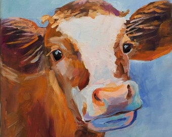 Cow original oil painting on canvas, Impressionistic,animals, wall art,20 x 20 cm, 8 x 8 inch