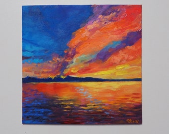 Sonnenuntergang Original Ölgemälde auf Leinwand Paneele,  Impressionistisch,  Wandkunst, Küche Dekor 20cmx20cm, 8 x 8 Zoll