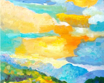 landscape, cloudy  sunset sky , original oil painting on canvas, Impressionistic, abstract, wall art,15,7 x 19,7 inche,40cmx50cm