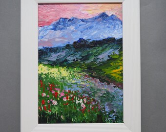 Landschaft, Fluss, Berg, Original impressionistische Acrylmalerei auf Leinwand, Wandkunst, Küchendekor, 13x20 cm