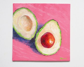 Avocado Obst Original Ölgemälde auf Leinwand Paneele,  Impressionistisch,  Wandkunst, Küche Dekor 20cmx20cm, 8 x 8 Zoll Geschenk