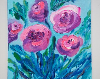 Blumen Original impasto Ölgemälde mit Palette Messer  auf Leinwand Paneele Impressionistisch,  Wandkunst, Küche Dekor 15cmx15cm, 6 x 6 Zoll