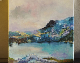 Berg, See , Landschaft, original Ölgemälde auf Leinwand, abstrakt, impressionistische Wandkunst, Dekor 50x 50 cm, 19,7 x 19,7 Zoll