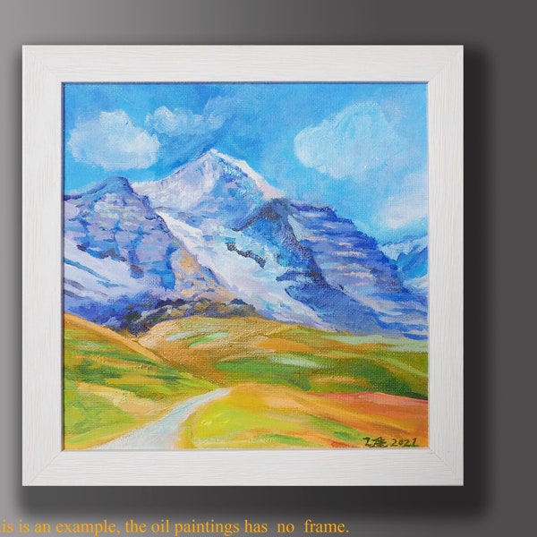 Berg mit Schnee Original Ölgemälde auf Leinwand Paneele,  Impressionistisch,  Wandkunst, Küche Dekor 20cmx20cm, 8 x 8 Zoll ohne Rahmen