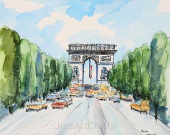 Paris Champs-Elysées，Triumphbogen, original Aquarell, nicht Kunstdruck. Architektur, Stadt, Wandkunst 29cm x24,2cm