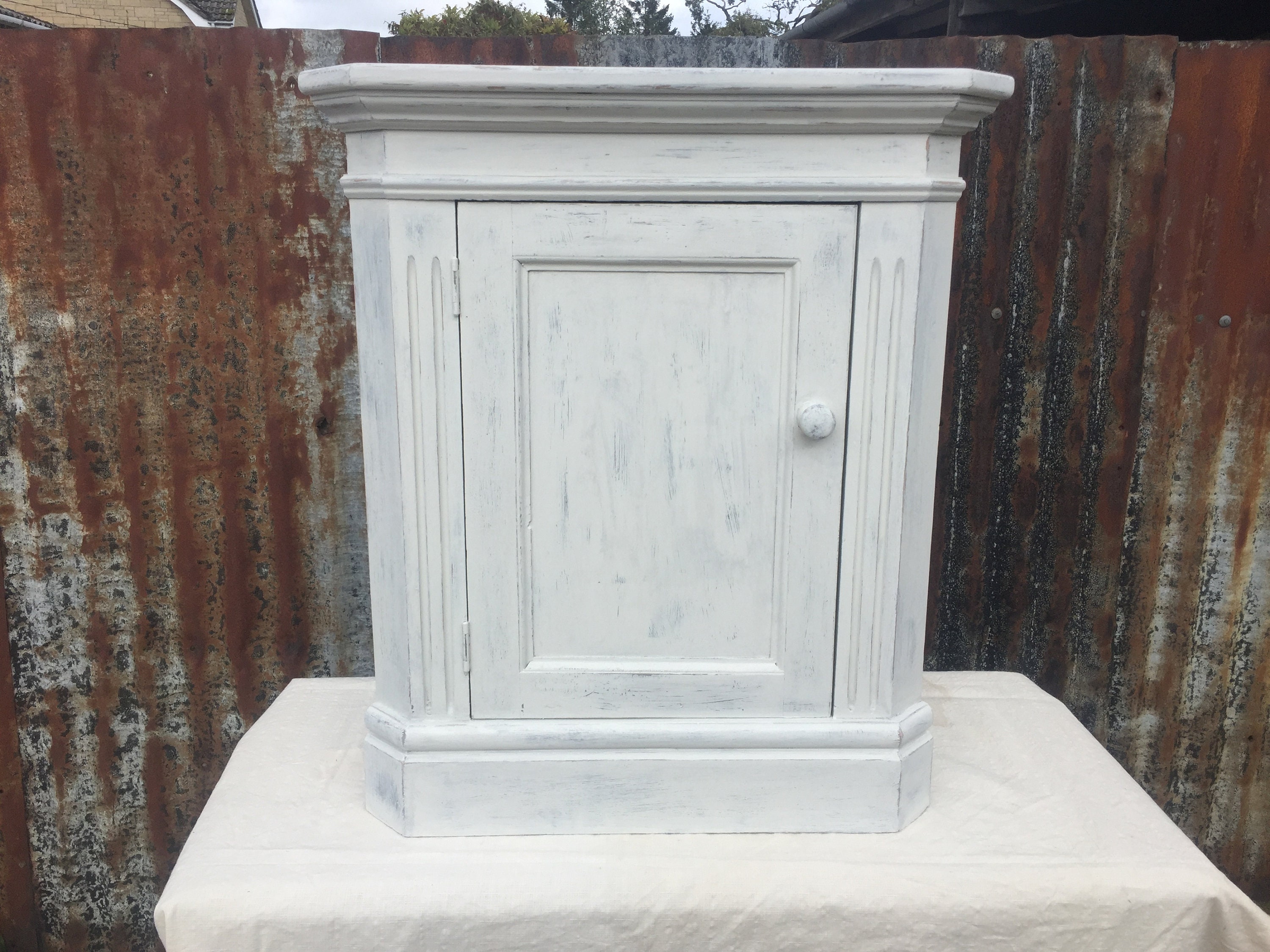 Shabby Chic Hand Painted Pine Corner Cabinet In Very Pale Grey