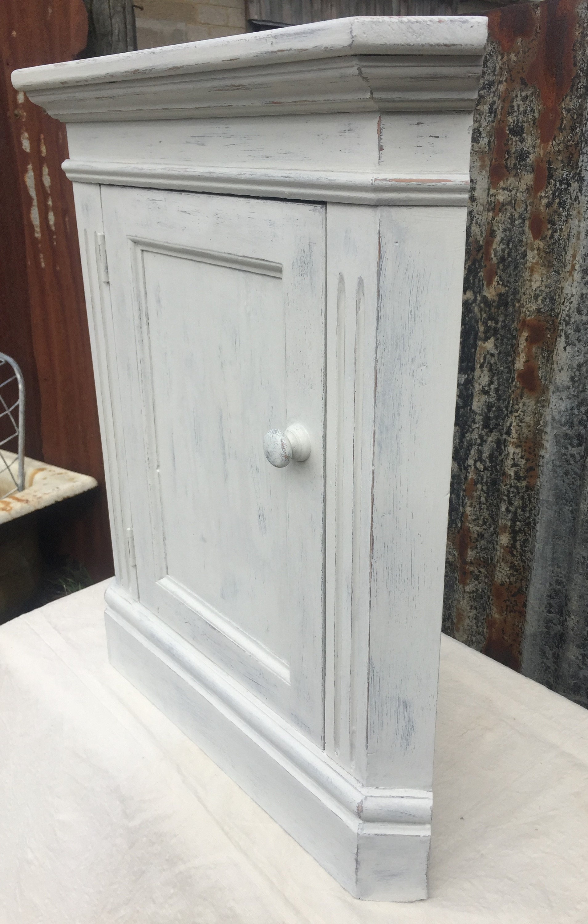 Shabby Chic Hand Painted Pine Corner Cabinet In Very Pale Grey