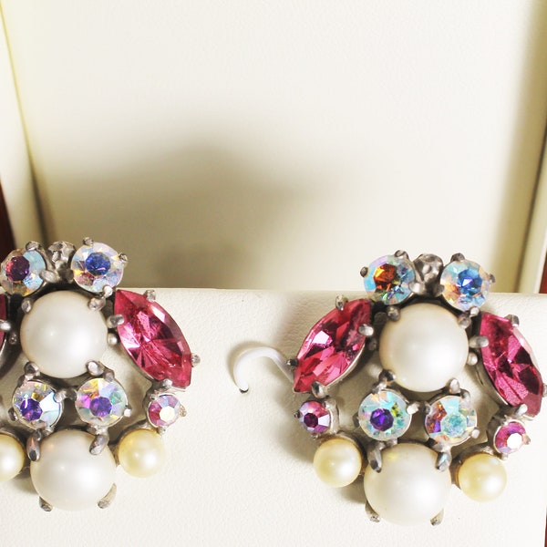 Rare Signed Elsa Schiaparelli Earrings c1950s With Pink crystals, Aurora Borealis Stones, And Pearls.