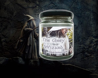 The grey wizard Gandalf 8 oz Glass Candle Jar  , Lord of the rings LOTR Hobbit Cruelty free and vegan