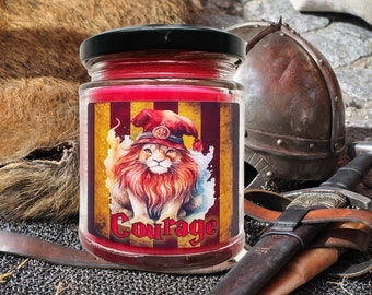 House of the Lion - Courage 8 oz Glass Candle Jar  , Wizard Witch School Inspired Candle Magic vegan Lumous Expecto Patronum Crucio