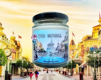 The smell of main street 8 oz Glass Candle Jar  , Disney Inspired Candle Magic Kingdom Cruelty free and vegan