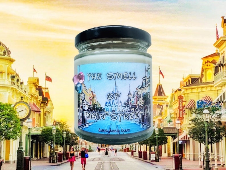 The smell of main street 8 oz Glass Candle Jar , Disney Inspired Candle Magic Kingdom Cruelty free and vegan image 1