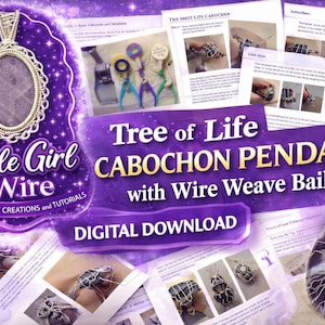 Puede incluir: Anuncio de descarga digital para la elaboración de joyas de alambre. La imagen presenta un colgante morado y dorado, instrucciones y el texto "Tree of Life Cabochon Pendant with Wire Weave Bail". También es visible la marca "Purple Girl Wire".