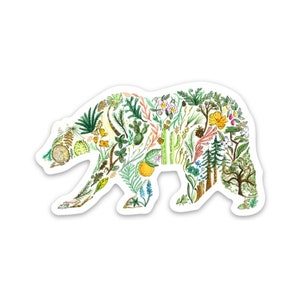 May include: A green, brown, and yellow bear silhouette made up of various plants and flowers. The bear is walking to the right.
