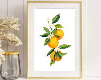 Naranja acuarela impresión flores de azahar impresión de cítricos para cocina minimalista cabaña núcleo fruta arte original primavera gouche giclee galería