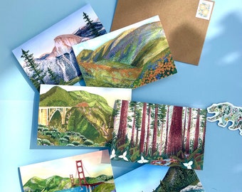 California Card Set de 6 // Half Dome Yosemite Big Sur Golden Gate Bridge Redwoods Super floración Lake Tahoe Northern tarjetas de felicitación postal