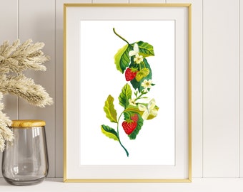 Fresas acuarela impresión parche de fresa flores impresión para cocina minimalista cabaña núcleo fruta arte original primavera gouche galería