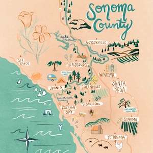 K&ouml;nnte beinhalten: Eine handgezeichnete Karte von Sonoma County, Kalifornien, mit verschiedenen Sehensw&uuml;rdigkeiten und interessanten Orten. Die Karte ist in einem skurrilen Stil mit Illustrationen von B&auml;umen, Blumen, Tieren und anderen Details gestaltet. Die Karte umfasst die St&auml;dte Healdsburg, Guerneville, Sebastopol, Windsor, Santa Rosa, Petaluma und Geyserville.
