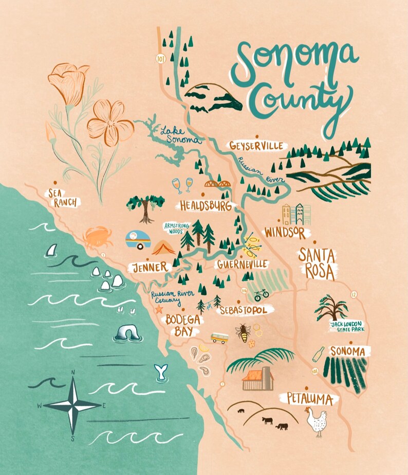 K&ouml;nnte beinhalten: Eine handgezeichnete Karte von Sonoma County, Kalifornien, mit verschiedenen Sehensw&uuml;rdigkeiten und interessanten Orten. Die Karte ist in einem skurrilen Stil mit Illustrationen von B&auml;umen, Blumen, Tieren und anderen Details gestaltet. Die Karte umfasst die St&auml;dte Healdsburg, Guerneville, Sebastopol, Windsor, Santa Rosa, Petaluma und Geyserville.