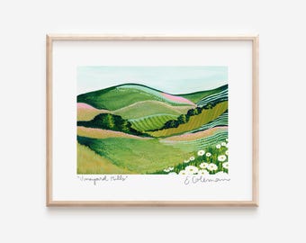 Vineyard Hills Print | California Art Landscape Scene | Giclee print of an original watercolor gouache painting wine country Sonoma Napa