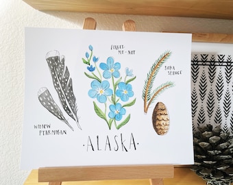 May include: A watercolor illustration of Alaskan flora and fauna. The illustration features a forget-me-not flower, a Sitka spruce branch, a willow ptarmigan feather, and the text "Alaska".