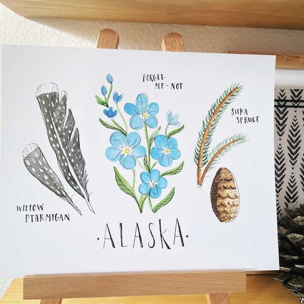 Alaska state flower state bird state tree Alaska state art watercolor botanical wildflower forget me not painting wall hanging housewarming