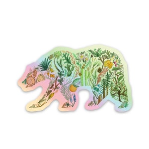 May include: A rainbow gradient background with a silhouette of a bear made up of various plants, flowers, and trees. The bear is facing right and walking.