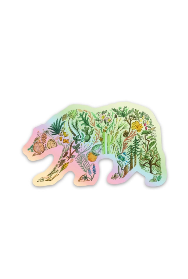 May include: A rainbow gradient background with a silhouette of a bear made up of various plants, flowers, and trees. The bear is facing right and walking.