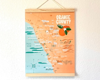 Orange County map poster 12x16 art illustration print California CA laguna beach Newport Beach Pacific Ocean pier San Clemente Dana point