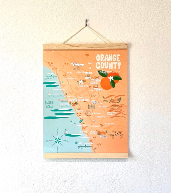 Orange County map poster 12x16 art illustration print California CA laguna beach Newport Beach Pacific Ocean pier San Clemente Dana point