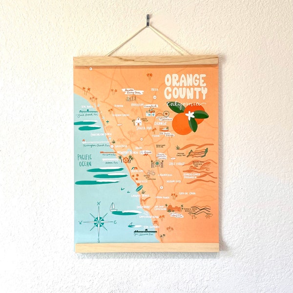 Orange County map poster 12x16 art illustration print California CA laguna beach Newport Beach Pacific Ocean pier San Clemente Dana point