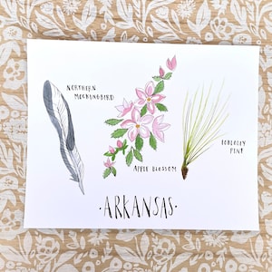 Arkansas State Flower State Bird State Tree Botanical Watercolor Art ...