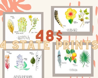 Choose any FOUR state prints state flower state bird state tree California Texas Hawaii Maryland art print united states Christmas gift
