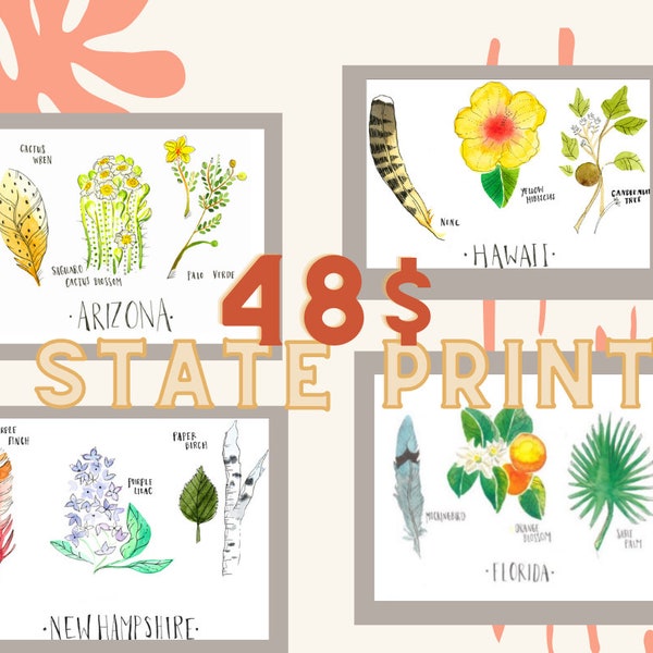 Choose any FOUR state prints state flower state bird state tree California Texas Hawaii Maryland art print united states Christmas gift