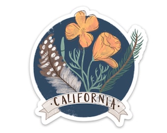 May include: A blue circle sticker with a floral design featuring orange California poppies, green leaves, and a brown feather. The sticker has a white banner with the text "CALIFORNIA" in brown lettering.