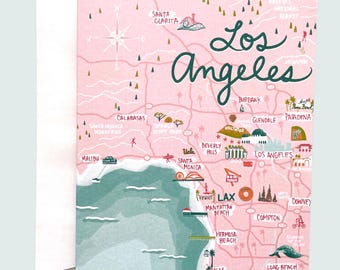 Los Angeles Map Card || blank card California coast || Pasadena Santa Monica Griffith Park Burbank Hollywood Beverly Hills Beach Malibu