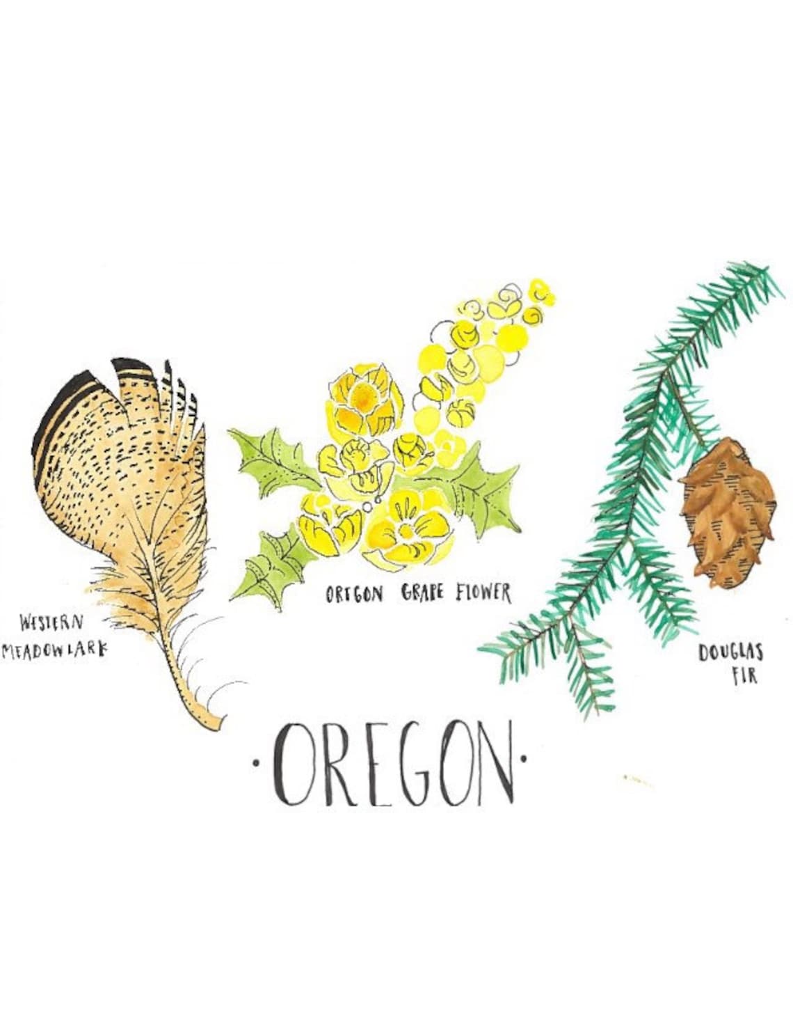 Oregon State Bird Flower and Tree print Oregon flower art Etsy